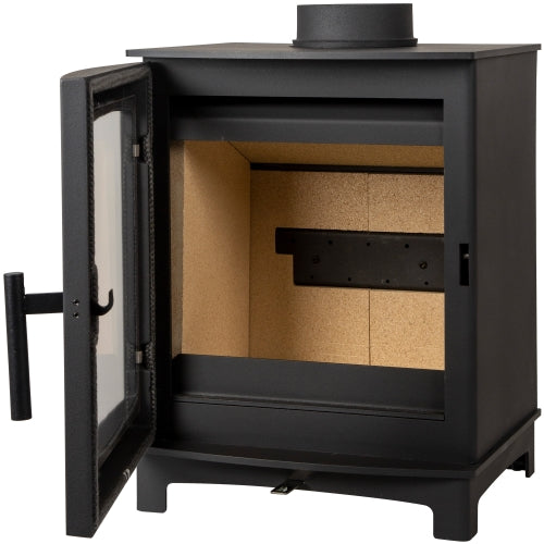 Designed in the UK . Black steel body with durable cast iron door and polished black handle and air control
